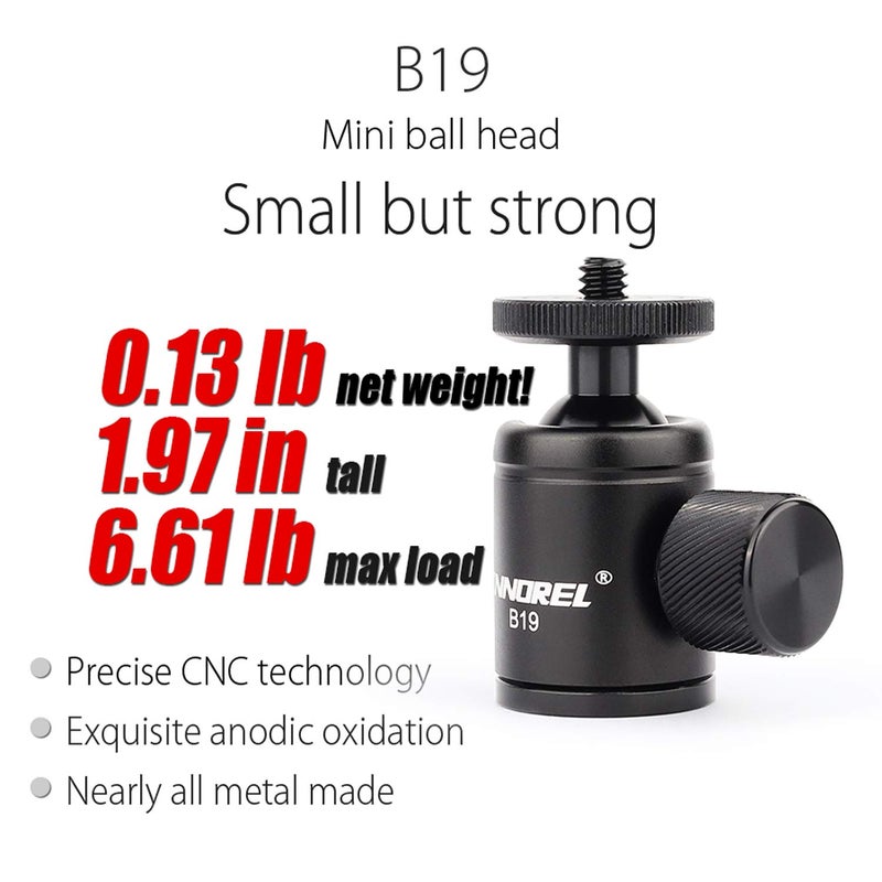 Innorel Mini Tripod Ball Head-INNOREL B19 Mount Head-Metal Ballhead 360Â° Pan 90Â° Tilt Tripods Mount with 3/8" to 1/4" Adapter CNC Ballheads,Max Load 6.61 lb for Phone/DLSR Camera/Mini Holder (1 Piece) - Image 2